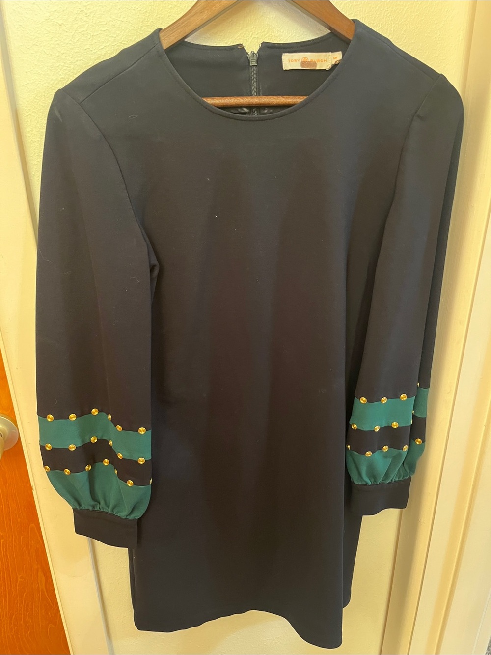 Tory Burch Navy Mini Dress with Green Sleeve Panels and Gold Studs